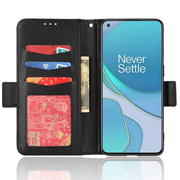 Pour OnePlus 8T Litchi Texture PU Leather Wallet Case Stand Side Magnetic Clasp Shockproof Flip Folio Book Cover - Noir