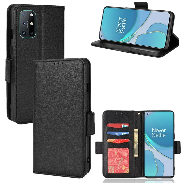 Pour OnePlus 8T Litchi Texture PU Leather Wallet Case Stand Side Magnetic Clasp Shockproof Flip Folio Book Cover - Noir