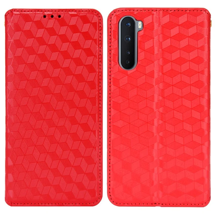Para OnePlus Nord Rhombus Imprinted PU Leather + TPU Phone Case Stand Wallet Protective Cover - Vermelho