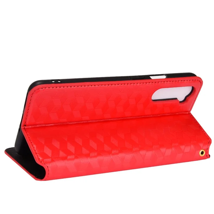 Para OnePlus Nord Rhombus Imprinted PU Leather + TPU Phone Case Stand Wallet Protective Cover - Vermelho