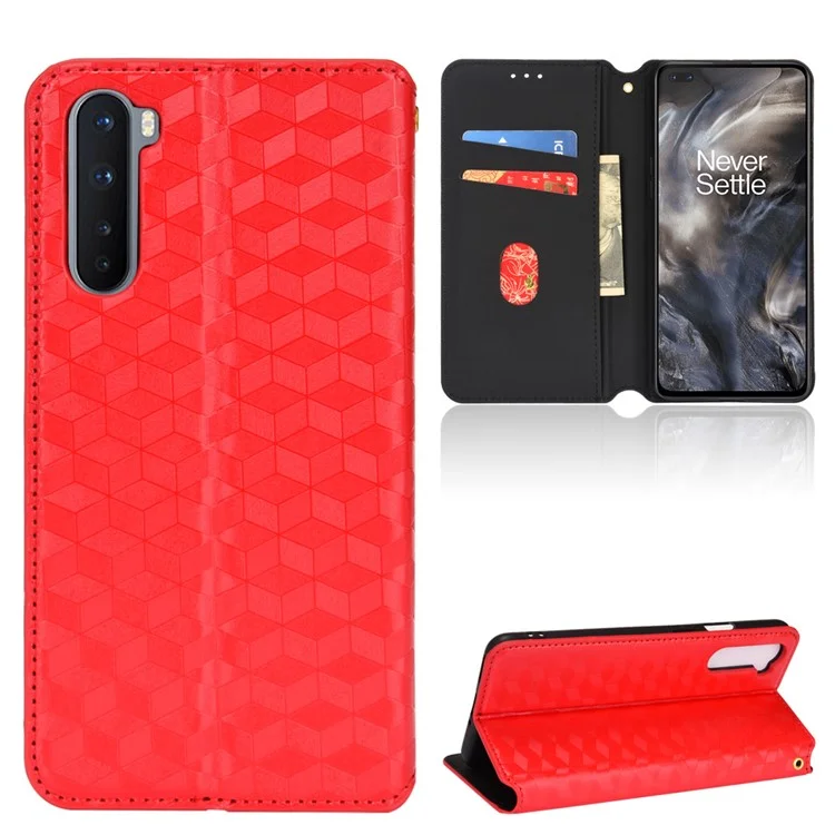Para OnePlus Nord Rhombus Imprinted PU Leather + TPU Phone Case Stand Wallet Protective Cover - Vermelho