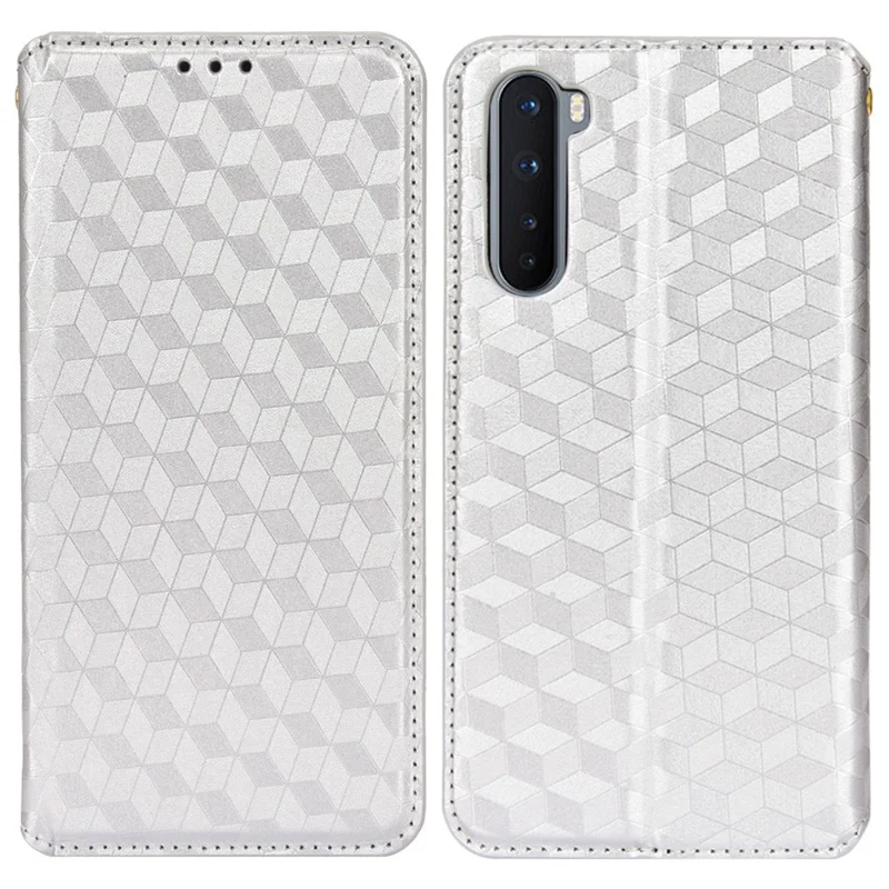 Voor OnePlus Nord Ruitstructuur Geïmprimeerd PU Leer + TPU Telefoonhoesje met Stand en Portemonnee Beschermende Cover - Zilver