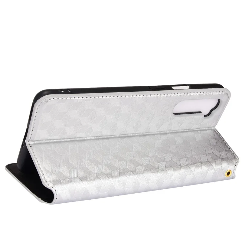 Voor OnePlus Nord Ruitstructuur Geïmprimeerd PU Leer + TPU Telefoonhoesje met Stand en Portemonnee Beschermende Cover - Zilver