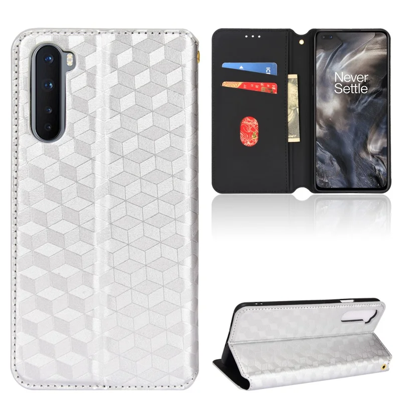Voor OnePlus Nord Ruitstructuur Geïmprimeerd PU Leer + TPU Telefoonhoesje met Stand en Portemonnee Beschermende Cover - Zilver
