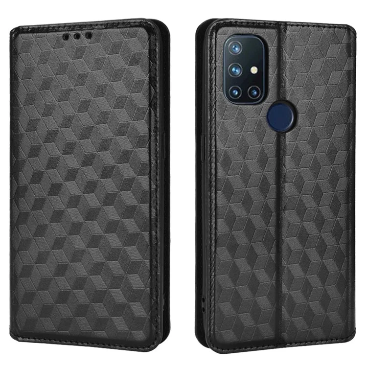 Pour OnePlus Nord N10 5G Impression Rhombus Téléphone pu Leather Anti-scratch Stand Portefeuille Couverture - le Noir