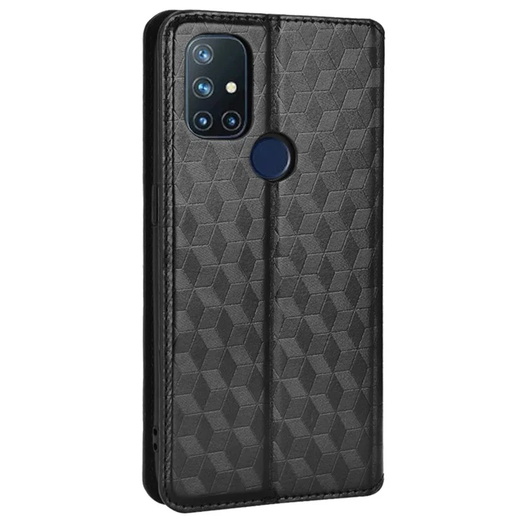 Pour OnePlus Nord N10 5G Impression Rhombus Téléphone pu Leather Anti-scratch Stand Portefeuille Couverture - le Noir