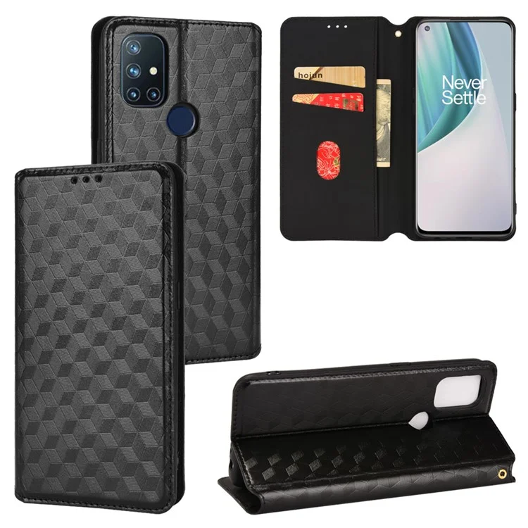 Pour OnePlus Nord N10 5G Impression Rhombus Téléphone pu Leather Anti-scratch Stand Portefeuille Couverture - le Noir