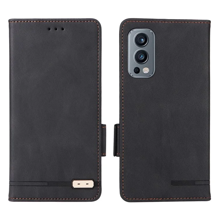 For OnePlus Nord 2 5G Side Magnetic Clasps Hardware Design Cover Leather+TPU Smartphone Case Shell with Wallet Stand - Black