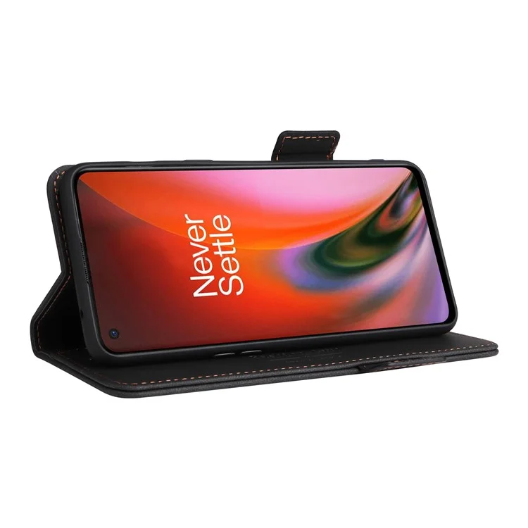 For OnePlus Nord 2 5G Side Magnetic Clasps Hardware Design Cover Leather+TPU Smartphone Case Shell with Wallet Stand - Black