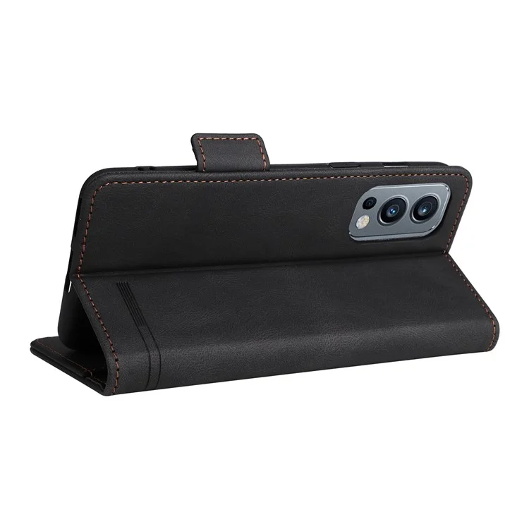 For OnePlus Nord 2 5G Side Magnetic Clasps Hardware Design Cover Leather+TPU Smartphone Case Shell with Wallet Stand - Black
