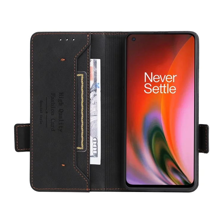 For OnePlus Nord 2 5G Side Magnetic Clasps Hardware Design Cover Leather+TPU Smartphone Case Shell with Wallet Stand - Black