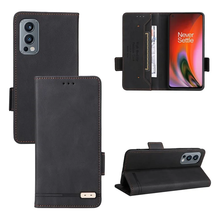 For OnePlus Nord 2 5G Side Magnetic Clasps Hardware Design Cover Leather+TPU Smartphone Case Shell with Wallet Stand - Black