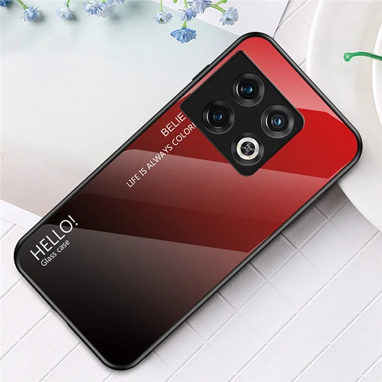 Custodia posteriore in vetro temperato e PC colorato sfumato per OnePlus 10 Pro 5G, custodia per telefono con cornice in TPU anti-graffio - Rosso sfumato nero