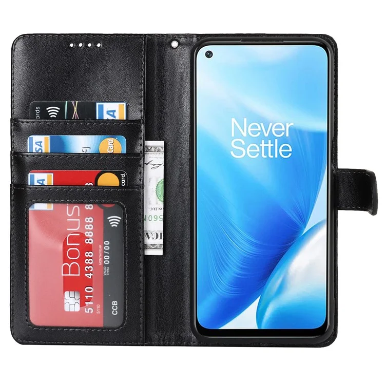 For OnePlus Nord N200 5G R61 Texture Felled Seam Pattern Imprinted Leather Cover Stand Wallet Phone Case - Black