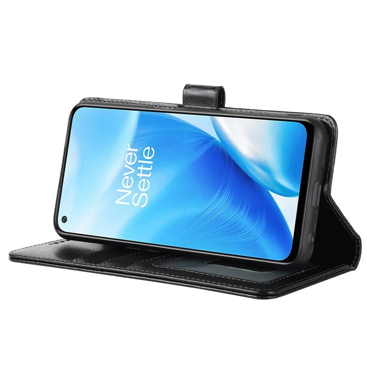 For OnePlus Nord N200 5G R61 Texture Felled Seam Pattern Imprinted Leather Cover Stand Wallet Phone Case - Black