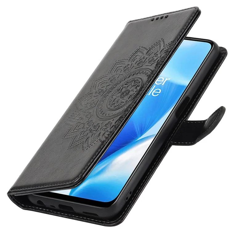 For OnePlus Nord N200 5G R61 Texture Felled Seam Pattern Imprinted Leather Cover Stand Wallet Phone Case - Black