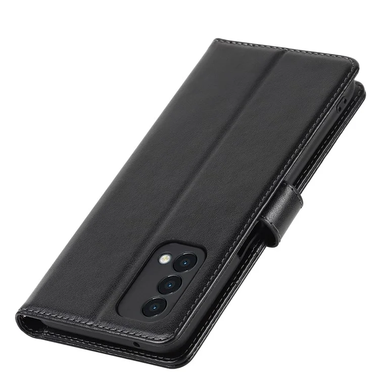 For OnePlus Nord N200 5G R61 Texture Felled Seam Pattern Imprinted Leather Cover Stand Wallet Phone Case - Black