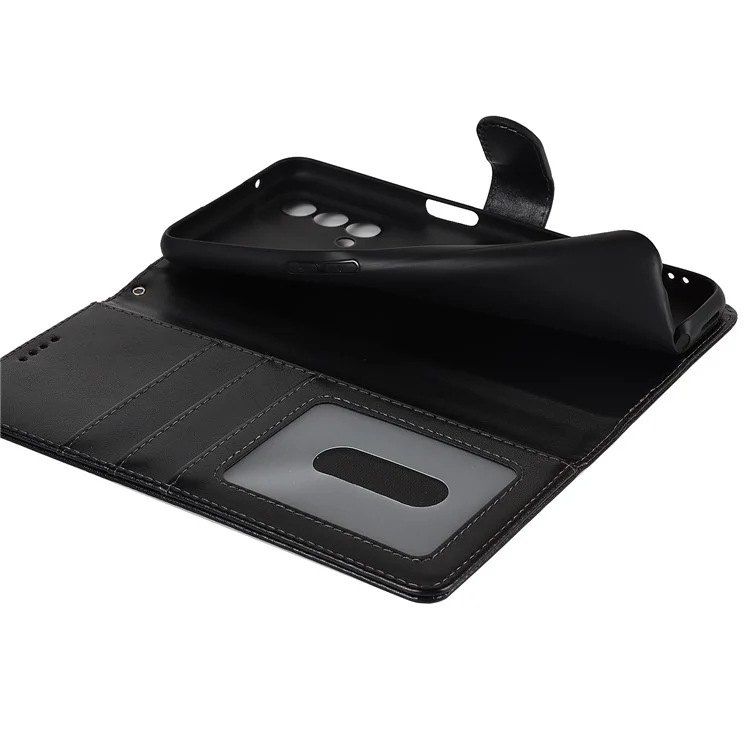 For OnePlus Nord N200 5G R61 Texture Felled Seam Pattern Imprinted Leather Cover Stand Wallet Phone Case - Black