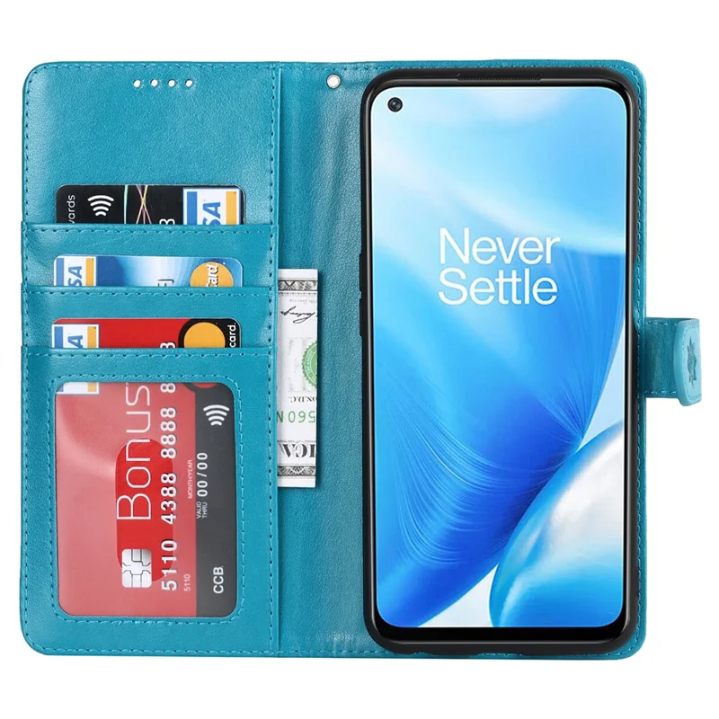 For OnePlus Nord N200 5G R61 Texture Felled Seam Pattern Imprinted Leather Cover Stand Wallet Phone Case - Blue