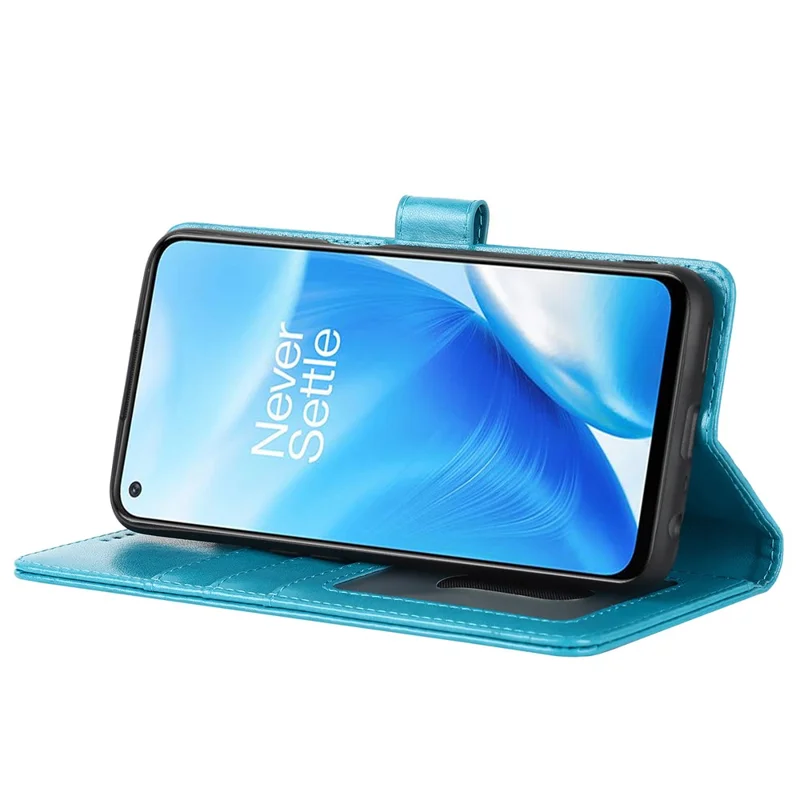 For OnePlus Nord N200 5G R61 Texture Felled Seam Pattern Imprinted Leather Cover Stand Wallet Phone Case - Blue