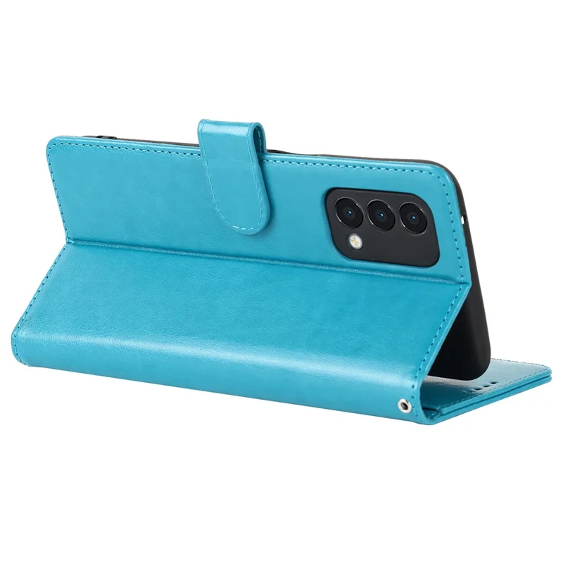 For OnePlus Nord N200 5G R61 Texture Felled Seam Pattern Imprinted Leather Cover Stand Wallet Phone Case - Blue