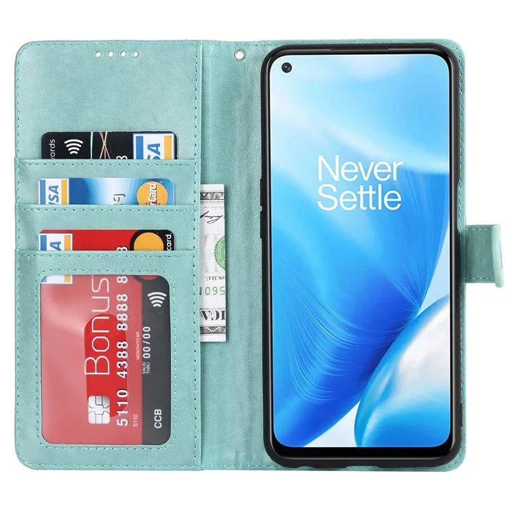 Per OnePlus Nord N200 5G R61 Texture Abbassata Modello di Cucitura Impronta Copertina Copertina Portafoglio Telefono Telefono - Verde Chiaro