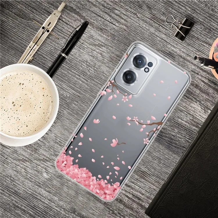 Flexible Transparent Patterned TPU Cover for OnePlus Nord CE 2 5G, IMD Mobile Phone Case Accessory - Fallen Flowers