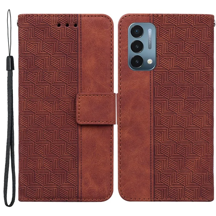 For OnePlus Nord N200 5G Imprinted Geometry Pattern PU Leather Magnetic Protection Cover Folding Stand Wallet Flip Folio Case with Strap - Brown