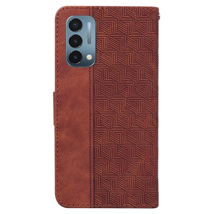 For OnePlus Nord N200 5G Imprinted Geometry Pattern PU Leather Magnetic Protection Cover Folding Stand Wallet Flip Folio Case with Strap - Brown