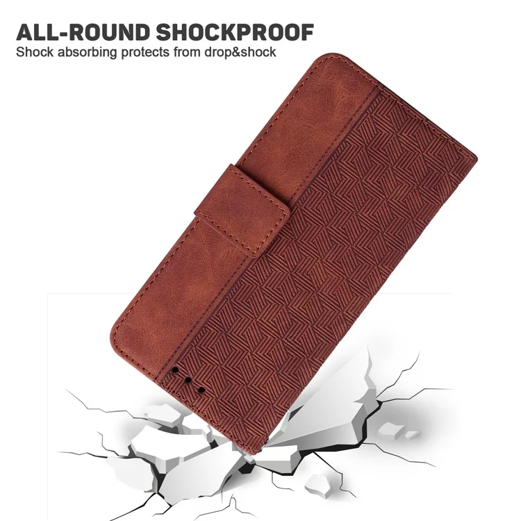 For OnePlus Nord N200 5G Imprinted Geometry Pattern PU Leather Magnetic Protection Cover Folding Stand Wallet Flip Folio Case with Strap - Brown