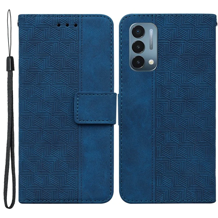 Für OnePlus Nord N200 5G Geprägtes Geometriemuster PU-Leder Magnetischer Schutzdeckel Faltbarer Ständer Brieftasche Flip Folio Hülle mit Riemen - Blau
