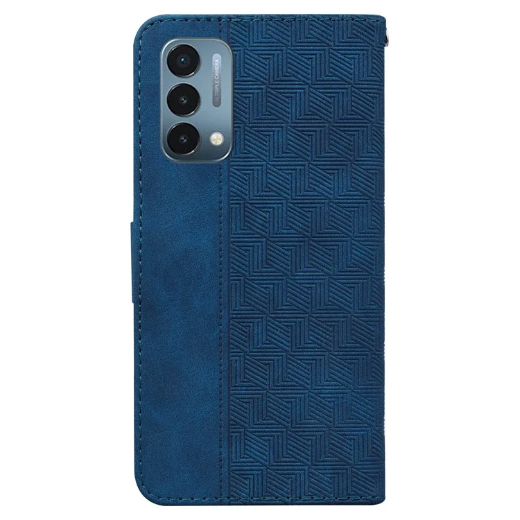 Für OnePlus Nord N200 5G Geprägtes Geometriemuster PU-Leder Magnetischer Schutzdeckel Faltbarer Ständer Brieftasche Flip Folio Hülle mit Riemen - Blau