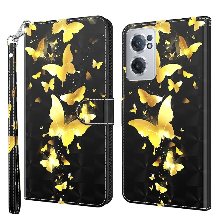 Para OnePlus Nord CE 2 5G 3D Creative Pattern Printing PU Leather Flip Protective Case Wallet Stand Full Body Protective Cover with Wrist Strap - Golden Butterflies