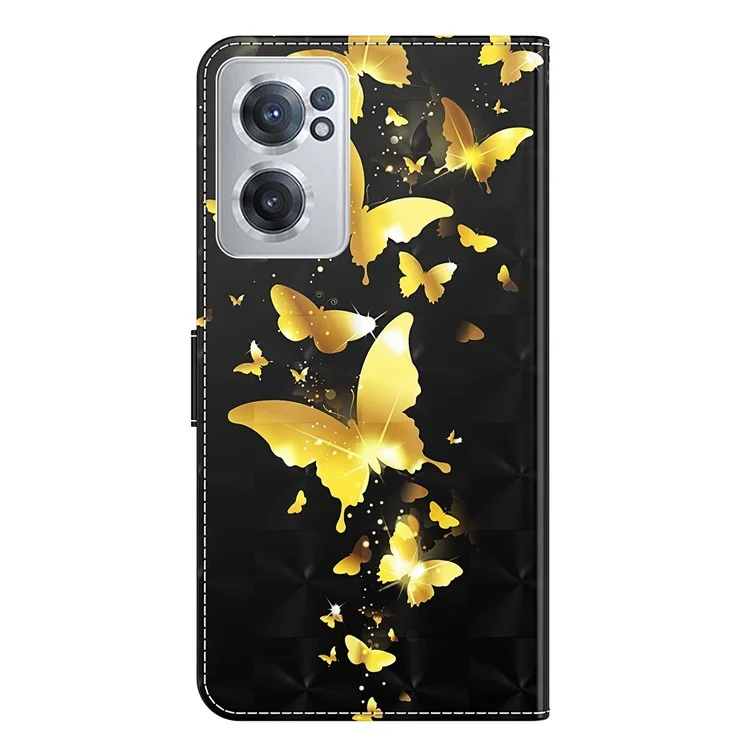 Para OnePlus Nord CE 2 5G 3D Creative Pattern Printing PU Leather Flip Protective Case Wallet Stand Full Body Protective Cover with Wrist Strap - Golden Butterflies