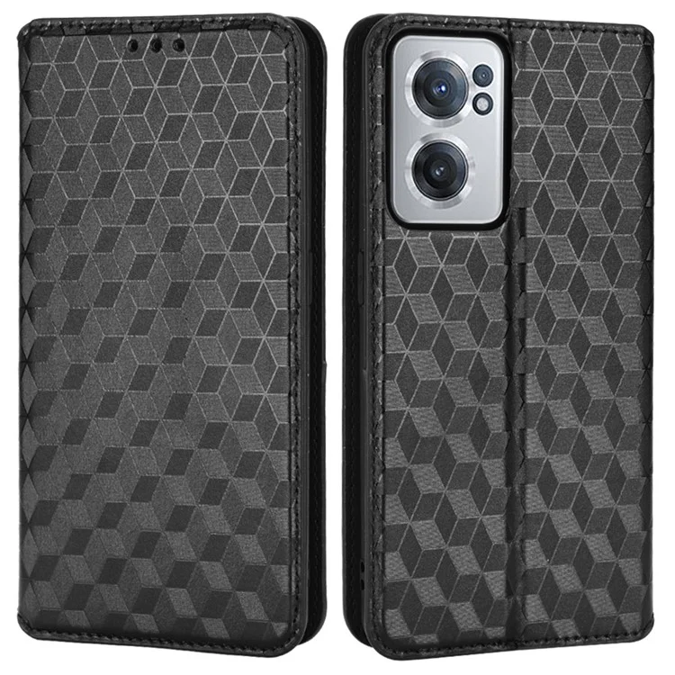 For OnePlus Nord CE 2 5G Rhombus Imprinted Stand Wallet PU Leather Case Magnetic Absorption Phone Cover - Black