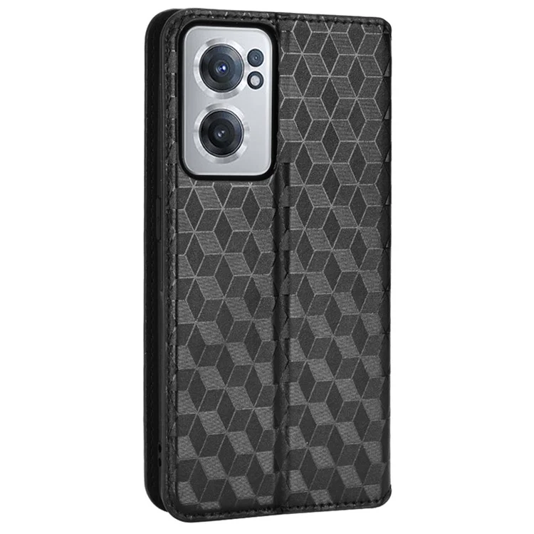For OnePlus Nord CE 2 5G Rhombus Imprinted Stand Wallet PU Leather Case Magnetic Absorption Phone Cover - Black