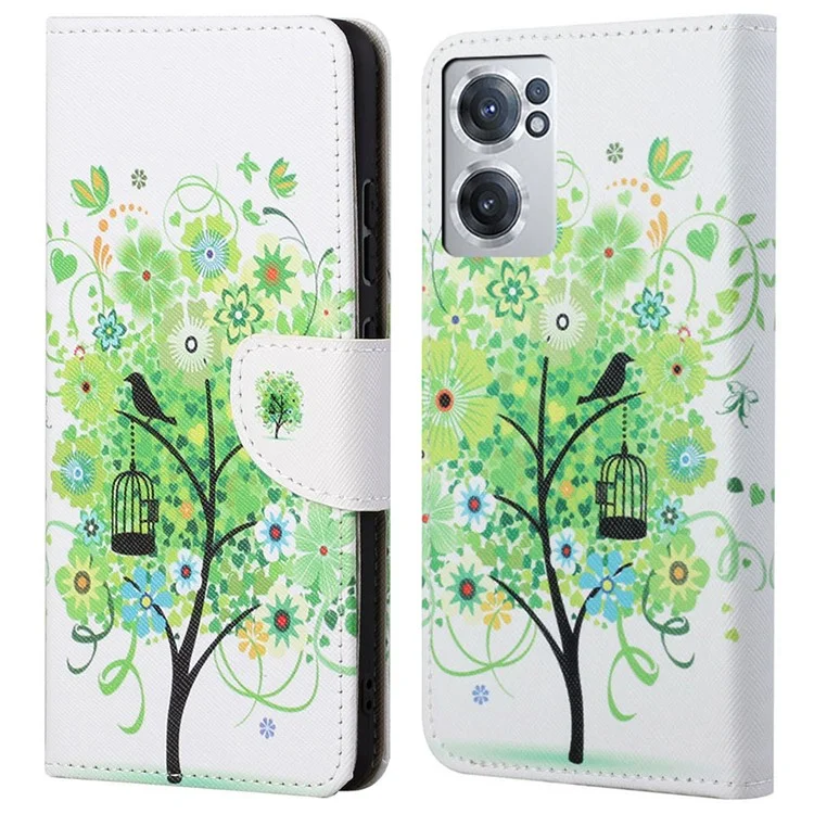Para OnePlus Nord CE 2 5G Cross Texture PU Libro de Cuero Libro de Billetera Patrón de Impresión Plegado Propiedad de Protección Completa Folio Flip Cover - Árbol Verde