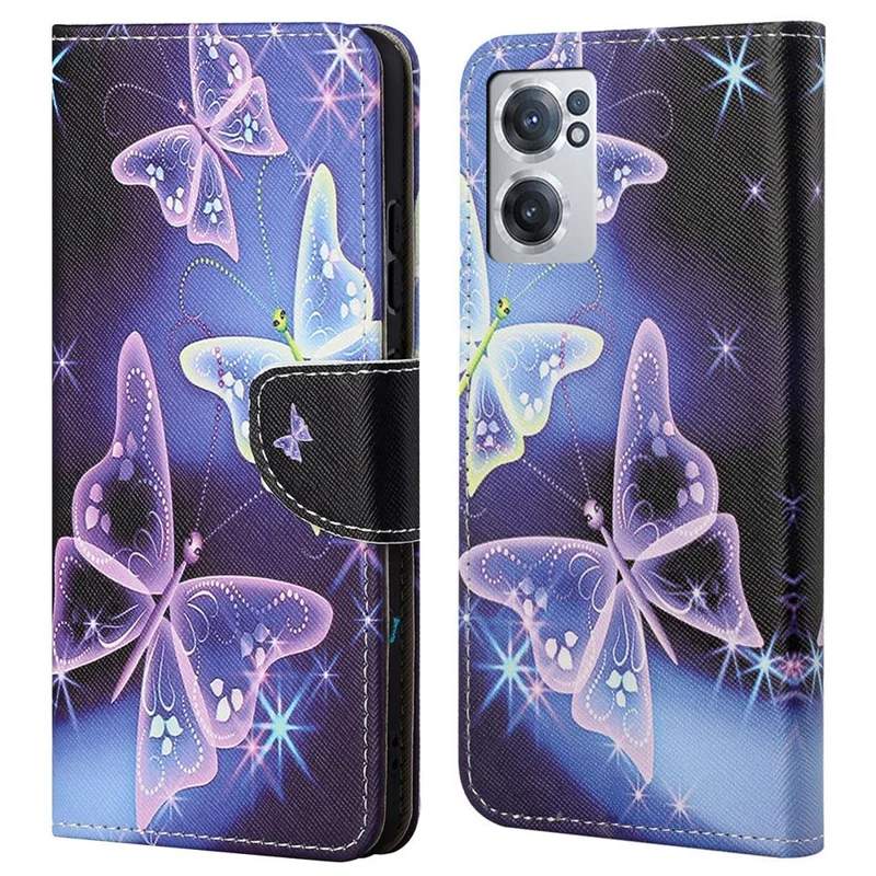 For OnePlus Nord CE 2 5G Cross Texture PU Leather Book Wallet Case Pattern Printing Folding Stand Full Protection Folio Flip Cover - Sparkling Butterflies