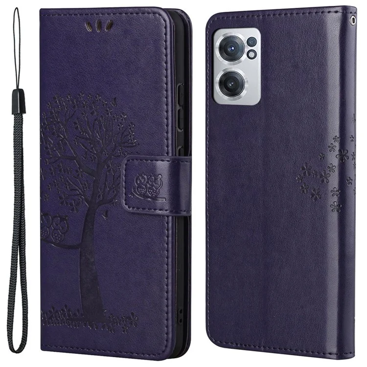 For OnePlus Nord CE 2 5G PU Leather Imprinted Owl Tree Pattern Case Folding Stand Wallet Flip Cover with Strap - Dark Purple
