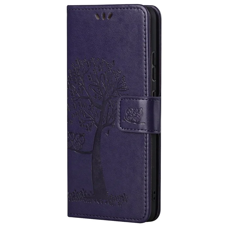 For OnePlus Nord CE 2 5G PU Leather Imprinted Owl Tree Pattern Case Folding Stand Wallet Flip Cover with Strap - Dark Purple