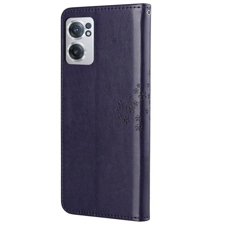 For OnePlus Nord CE 2 5G PU Leather Imprinted Owl Tree Pattern Case Folding Stand Wallet Flip Cover with Strap - Dark Purple