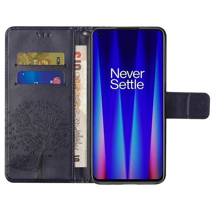 For OnePlus Nord CE 2 5G PU Leather Imprinted Owl Tree Pattern Case Folding Stand Wallet Flip Cover with Strap - Dark Purple