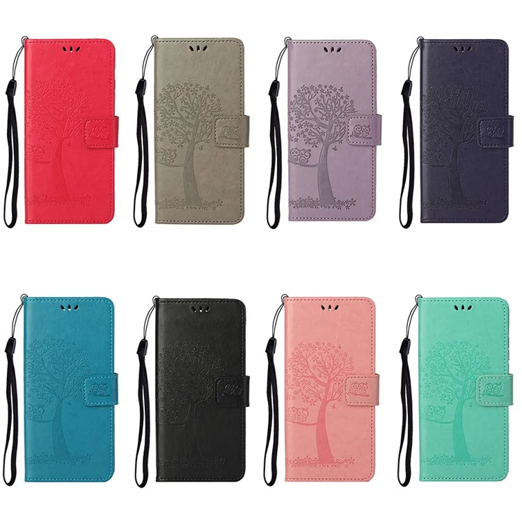 For OnePlus Nord CE 2 5G PU Leather Imprinted Owl Tree Pattern Case Folding Stand Wallet Flip Cover with Strap - Dark Purple