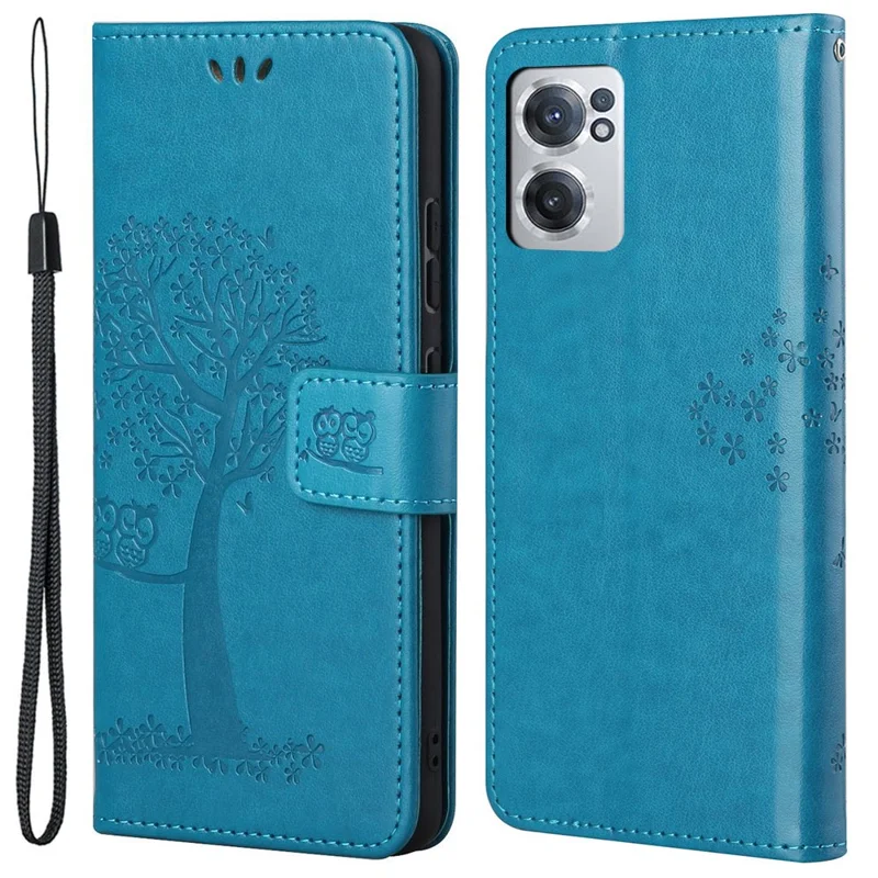 For OnePlus Nord CE 2 5G PU Leather Imprinted Owl Tree Pattern Case Folding Stand Wallet Flip Cover with Strap - Blue