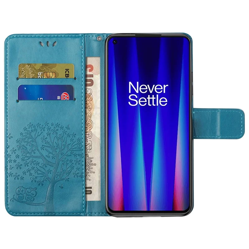 For OnePlus Nord CE 2 5G PU Leather Imprinted Owl Tree Pattern Case Folding Stand Wallet Flip Cover with Strap - Blue