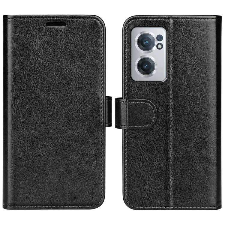 Crazy Horse Texture Wallet Phone Case for OnePlus Nord CE 2 5G Magnetic Clasp PU Leather Folio Flip Stand Cover - Black