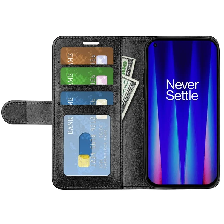 Crazy Horse Texture Wallet Phone Case for OnePlus Nord CE 2 5G Magnetic Clasp PU Leather Folio Flip Stand Cover - Black