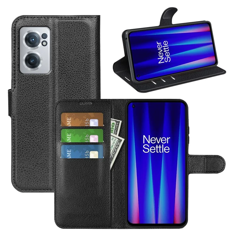 Litchi Skin Folio Flip Leather Case para OnePlus Nord CE 2 5G, Funda de Cartera Tipo Soporte - Negro