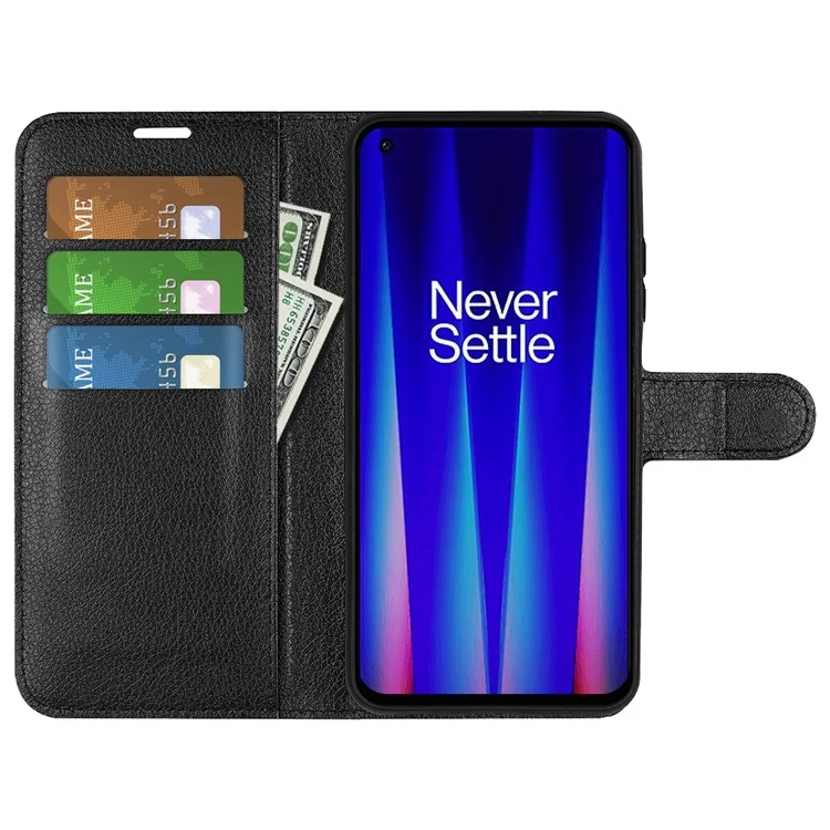 Litchi Skin Folio Flip Leather Case for OnePlus Nord CE 2 5G, Wallet Stand Cover Phone Accessory - Black