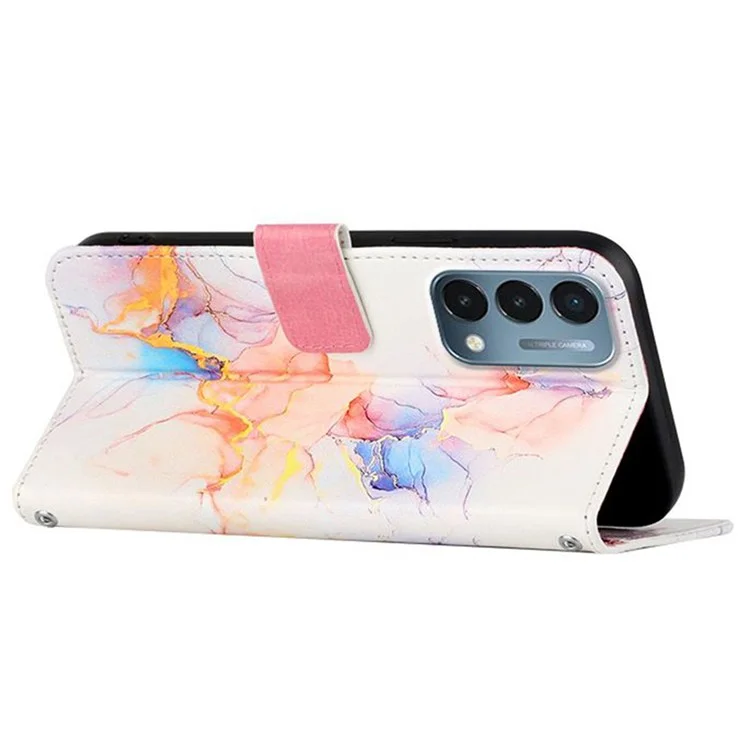YB Pattern Printing Leather Series-5 for OnePlus Nord N200 5G/Oppo A74 5G, Marble Pattern Leather Wallet Case Adjustable Stand Shell + Strap - Milky Way Marble White LS004
